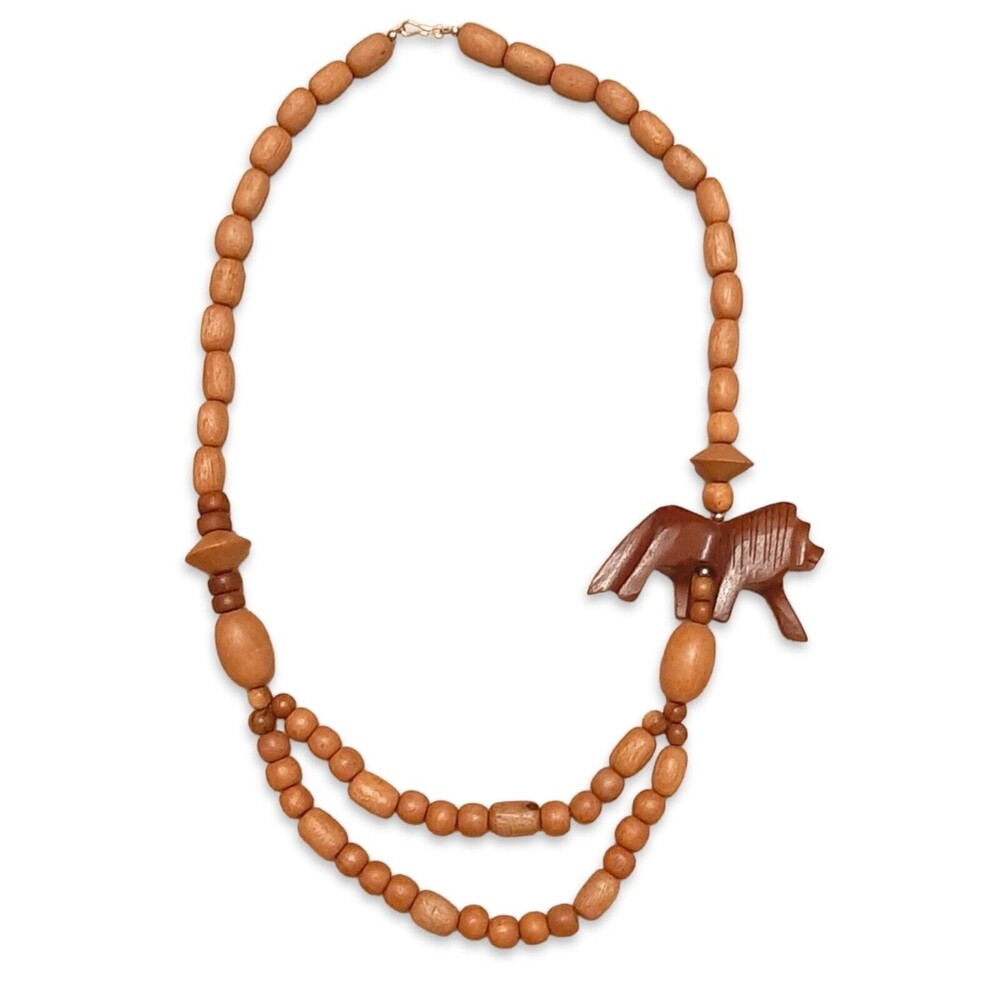 Vintage Wood Beads with Carved Lion African Necklace Layered
